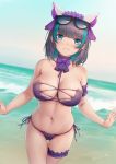  1girl :3 animal_band animal_ears aqua_eyes arm_garter azur_lane bangs beach between_breasts bikini black_hair blush breasts cameltoe cheshire_(azur_lane) cheshire_(summery_date!)_(azur_lane) choker cleavage closed_mouth collarbone cowboy_shot day dutch_angle earrings eyebrows_visible_through_hair eyewear_on_head flower hairband highres jewelry large_breasts leg_garter looking_at_viewer maid_headdress maou_renjishi multicolored_hair navel ocean outstretched_hand purple_bikini purple_flower purple_neckwear purple_ribbon ribbon short_hair side-tie_bikini skindentation sky smile solo strapless strapless_bikini streaked_hair string_bikini sunglasses swimsuit thigh_gap wet wet_hair 