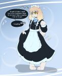 2026 alternative_fashion anthro apron barefoot black_clothing black_dress blush bovid caprine clothing dialogue dress english_text feet female goat goth gothic_lolita hi_res horn j-fashion lolita_(fashion) maid_headdress maid_uniform mammal maynara simple_background solo standing starlight_(maynara) tail text uniform white_apron white_clothing yellow_eyes