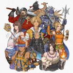  3girls 5boys animal_nose armor artist_name auron azusa_tanaka ball bandaged_arm bandages bare_shoulders bead_necklace beads beard black_bra black_dress black_gloves black_hair black_overalls blitzball blonde_hair blue_eyes blue_headband blue_skin bra braid breasts broken_horn brown_hair chain chain_necklace claws clenched_hand closed_mouth colored_skin commentary_request cowboy_shot cropped_jacket cropped_torso detached_sleeves dress earrings facial_hair final_fantasy final_fantasy_x fingerless_gloves fingernails fish_necklace flaming_hand fur-trimmed_dress fur_trim gloves goggles goggles_around_neck green_eyes green_shorts grey_gloves grey_hair grin hair_beads hair_bun hair_ornament hair_over_one_eye hair_stick hand_on_own_hip headband heterochromia highres holding holding_ball holding_polearm holding_staff holding_stuffed_toy holding_sword holding_weapon hood hood_down hooded_jacket horns jacket japanese_clothes jecht jewelry kimahri_ronso large_breasts long_hair lulu_(ff10) medium_breasts medium_hair midriff mole mole_under_mouth moogle multicolored_hair multiple_boys multiple_braids multiple_girls multiple_necklaces multiple_scars nail_polish navel necklace nontraditional_miko off-shoulder_dress off_shoulder one_eye_closed orange_hair orange_shirt over_shoulder overalls parted_bangs parted_lips pauldrons polearm ponytail purple_lips purple_nails red_eyes red_headband red_robe rikku_(ff10) ring robe scar scar_on_back sharp_fingernails shirt short_hair shorts shoulder_armor sidelocks single_horn single_pauldron single_shoulder_pad sleeveless sleeveless_shirt smile staff staff_(ff10) streaked_hair stuffed_animal stuffed_toy sunglasses sword teeth tidus underwear upper_body wakka weapon weapon_over_shoulder white_hood white_shirt white_sleeves x_hair_ornament yellow_jacket yuna_(ff10) 