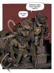 2026 anthro armor bandage bandaged_arm bodily_fluids buckteeth caught_in_the_act claws clothed clothing digital_media_(artwork) duo english_text exclamation_point finger_claws guardsman_(warhammer_40k) gun hat headgear headwear helmet hi_res holding_object holding_weapon leaning leaning_forward magazine male mammal military murid murine no_pupils officer porn_magazine pornography ranged_weapon rat rat_tail red_eyes rodent sallllltywater sitting skaven soldier sweat sweatdrop tail teeth text toe_claws warhammer_(franchise) warhammer_40000 warrior weapon