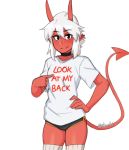  1girl artist_name bangs blush choker clothes_writing commentary demon_tail english_text highres horns looking_at_viewer meme_attire original pointing pointing_at_self red_skin rob_ishi shirt shorts simple_background smile solo standing t-shirt tail white_background white_hair 