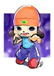  1boy absurdres baggy_pants beanie black_eyes blue_pants blue_shirt blush commentary dog_boy furry furry_male hat highres holding holding_microphone lower_teeth_only male_focus microphone open_mouth orange_hat pants parappa parappa_the_rapper rapping red_shoes shirt shoes solo sparkle teeth tongue tory_(tory29) 