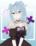  1girl absurdres aqua_eyes blue_hair blush breasts choker cleavage commentary cross-shaped_pupils elira_pendora happy_niikitai head_wings heterochromia high_ponytail highres large_breasts long_hair looking_at_viewer nijisanji nijisanji_en o-ring o-ring_choker ponytail pout purple_eyes solo symbol-shaped_pupils untranslatable_commentary virtual_youtuber wings 