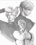  1boy animal_on_shoulder artist_name bird bird_on_shoulder black_gloves black_necktie black_sweater chest_harness closed_mouth collared_shirt crow gloves grey_hair greyscale hair_over_one_eye hand_on_own_face hand_on_own_neck harness highres love_and_deepspace male_focus mephisto_(love_and_deepspace) monochrome multiple_views necktie parted_bangs shirt short_hair sketch solo sparkle sweat sweater sylus_(love_and_deepspace) tanyagavva white_background white_shirt 