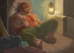 anthro armpit_hair barefoot beard body_hair bottomwear bulge chest_hair clothing dildo facial_hair fangs feet green_bottomwear green_clothing green_pants hair magdicus_(my_pirate_husbandos) male mammal my_pirate_husbandos nipple_piercing nipples pants piercing red_hair sex_toy solo suid suine sus_(pig) teeth wild_boar wry2229513683