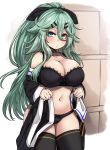  1girl bangs black_bra black_legwear black_panties black_ribbon bra breasts cowboy_shot detached_sleeves green_eyes green_hair hair_between_eyes hair_flaps hair_ornament hair_ribbon hairclip highres kantai_collection large_breasts long_hair navel panties parted_bangs ponytail ribbon ryuun_(stiil) sidelocks solo standing thighhighs underwear underwear_only undressing yamakaze_(kantai_collection) 