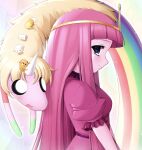  1boy 2000s_(style) 2girls adventure_time animification blonde_hair colored_skin dog faux_retro_artstyle food highres jake_the_dog lady_rainicorn long_hair marshmallow mouse_(animal) multiple_girls pink_hair pink_skin ponymoe princess princess_bonnibel_bubblegum puffy_short_sleeves puffy_sleeves rainicorn science_(adventure_time) short_sleeves smile tiara upper_body 