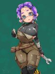  1girl adjustable_wrench arm_behind_back arm_wrap belt_pouch black_gloves blue_eyes breasts brown_overalls cable_hair_ornament commentary_request cropped_shirt fingerless_gloves freckles gloves green_background hair_ornament hand_up highres holding holding_wrench knee_pads large_breasts long_sleeves looking_at_viewer mechanic octoling octoling_girl octoling_player_character overalls pentagon_(shape) pouch purple_hair shirt short_eyebrows short_hair single_suspender solo splatoon_(series) suction_cups t2ukmyjm taut_clothes taut_shirt tentacle_hair thick_thighs thighs tool_belt turtleneck turtleneck_shirt underboob wrench 