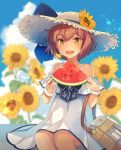  1girl bag blue_sky blurry brown_eyes brown_hair cloud cowboy_shot day depth_of_field dress flower food fruit hat kantai_collection kasumi_(skchkko) looking_at_viewer open_mouth outdoors round_teeth short_hair sitting sky smile solo speaking_tube_headset straw_hat sun_hat sundress sunflower teeth upper_teeth watermelon white_dress yukikaze_(kantai_collection) 
