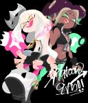  2girls black_boots black_gloves black_hair boots commentary_request crop_top dark-skinned_female dark_skin dress fangs fingerless_gloves gloves gradient_hair highres inkling long_hair marina_(off_the_hook_outfit)_(splatoon) marina_(splatoon) medium_hair midriff mole mole_under_mouth multicolored_hair multiple_girls navel_piercing octoling open_mouth pantyhose pearl_(off_the_hook_outfit)_(splatoon) pearl_(splatoon) piercing puriamaotaku shorts silver_crown smile splatoon_(series) splatoon_2 tentacle_hair white_boots white_dress white_hair zipper_pull_tab 