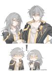  ! 1boy 1girl ^^^ absurdres artist_name black_gloves black_jacket blush caelus_(honkai:_star_rail) closed_mouth collarbone commentary crossed_arms crying crying_with_eyes_open dual_persona empty_eyes eyelashes gloves grey_hair hair_between_eyes hand_on_own_hip hands_up highres honkai:_star_rail honkai_(series) hood hooded_jacket jacket lapels long_hair long_sleeves looking_at_viewer multiple_views no_mouth open_clothes open_jacket own_hands_together ryn_torishiba sad serious shirt short_hair sidelocks simple_background stelle_(honkai:_star_rail) t-shirt tears trailblazer_(honkai:_star_rail) two-sided_fabric two-sided_jacket untranslatable_commentary upper_body v-shaped_eyebrows white_background white_shirt yellow_eyes 