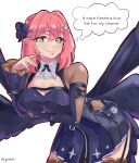  1girl absurdres arm_under_breasts artist_name black_bow blush bow breasts cleavage commentary cosplay english_commentary english_text green_eyes hair_between_eyes hair_bow hair_ornament hairclip hanazono_hakari highres jpsklr kimi_no_koto_ga_dai_dai_dai_dai_daisuki_na_100-nin_no_kanojo large_breasts leaning_forward long_sleeves looking_at_viewer medium_hair pink_hair remielle_dan remielle_dan_(cosplay) remielle_dan_(moonlight_whispers) simple_background smile solo speech_bubble thought_bubble white_background zenless_zone_zero 