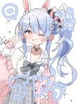  1girl animal_ear_fluff animal_ear_piercing animal_ears arm_up black_bow black_bowtie blush bow bowtie cardigan carrot cellphone choker collared_shirt commentary cowboy_shot creature don-chan_(usada_pekora) dot_nose double-parted_bangs fur_wrist_cuffs grin gyaru hair_bow hair_ornament hair_scrunchie hairclip heart high_side_ponytail highres hikimayu hololive jewelry kogal long_hair looking_at_viewer loose_bowtie multicolored_hair no_nose official_alternate_costume official_alternate_hairstyle one_eye_closed open_cardigan open_clothes orange_eyes parallel_hairclips partially_unbuttoned pendant_choker phone piercing pink_cardigan pink_scrunchie rabbit rabbit-shaped_pupils rabbit_ear_smartphone_case rabbit_ears rabbit_girl raised_eyebrow riri_lx_xl school_uniform scrunchie shirt short_eyebrows side_ponytail sidelocks simple_background single_off_shoulder single_wrist_cuff sleeves_past_wrists smartphone smile solo_focus sparkle speech_bubble spoken_heart striped_bow striped_bowtie striped_clothes symbol-shaped_pupils thick_eyebrows translation_request two-tone_hair usada_pekora usada_pekora_(12th_costume) v virtual_youtuber white_background white_bow white_hair white_shirt wrist_cuffs 