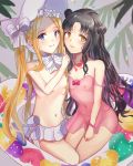  2girls abigail_williams_(fate/grand_order) abigail_williams_(swimsuit_foreigner)_(fate) bangs bare_shoulders black_hair blonde_hair blue_eyes blush bonnet bow breasts chest_tattoo closed_mouth covered_nipples double_bun dress_swimsuit facial_mark fate/grand_order fate_(series) forehead forehead_mark hair_bow haruna_chino highres index_finger_raised innertube long_hair looking_at_viewer miniskirt multicolored_hair multiple_girls navel nipples parted_bangs pink_hair pink_swimsuit see-through sesshouin_kiara sesshouin_kiara_(lily) sidelocks skirt small_breasts smile streaked_hair swimsuit tattoo thighs topless twintails very_long_hair wavy_hair white_bow white_headwear white_skirt yellow_eyes 