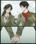  absurdres black_border black_hair blush bolo_tie border breasts brown_hair brown_jacket closed_mouth collared_shirt commentary couple english_commentary eren_yeager genderswap genderswap_(ftm) genderswap_(mtf) green_eyes grey_eyes hair_between_eyes hair_bun half_updo hetero highres holding_hands jacket looking_at_another medium_breasts mikasa_ackerman parted_bangs parted_lips red_scarf rei_owo7 scarf shingeki_no_kyojin shirt short_hair sweatdrop twitter_username upper_body white_shirt 