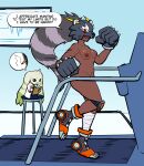  1girl animal_helmet bandaged_leg bandages bearcatmon black_boots black_helmet blush_stickers boots breasts brown_hair clawed_gloves clenched_hands clipboard clothed_digimon coat collarbone commentary dark-skinned_female dark_nipples dark_skin digimon digimon_(creature) drawing_(action) english_commentary english_text floating_hair full_body gloves groin helmet highres holding holding_clipboard holding_pencil horns indoors knee_pads lab_coat long_hair lovetopullmicke medium_breasts multicolored_hair navel nipples nude on_stool orange_boots parted_lips pencil physical_examination red_eyes roller_skates running single_horn single_knee_pad skates speech_bubble spiked_gloves standing stomach stool terriermon terriermon_joshu treadmill two-tone_hair variant_set very_long_hair white_coat 
