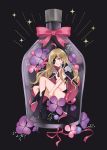  1girl black_background black_cape blonde_hair bottle breasts cape cleavage closed_mouth eyepatch floating_hair flower full_body green_eyes in_bottle in_container long_hair looking_at_viewer medium_breasts no_hat no_headwear othinus pink_flower pink_ribbon purple_flower ribbon shiny shiny_hair solo to_aru_majutsu_no_index very_long_hair zarutsu 