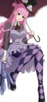  1girl black_eyes blunt_bangs blush braid braided_sidelocks brown_nails commentary_request dress drill_hair hair_bun hat highres holding holding_stuffed_toy holding_umbrella knees_together_feet_apart legs long_hair na-suke one_piece pantyhose perona pink_hair purple_dress sidelocks simple_background solo strappy_heels stuffed_toy umbrella white_background 