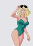  1980s_(style) 1girl absurdres adjusting_eyewear bikini blonde_hair blue_eyes breasts eyewear_on_head gundam highres large_breasts may:be medium_hair mobile_suit_gundam retro_artstyle round_eyewear sayla_mass simple_background solo sunglasses swimsuit white_background 