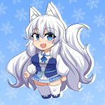  1girl :d animal_ear_fluff animal_ears blue_eyes blue_skirt breasts english_commentary eyebrows_visible_through_hair full_body hair_between_eyes hinghoi indie_virtual_youtuber large_breasts long_hair looking_at_viewer lumi_(merryweather) open_mouth sidelocks simple_background skirt smile snowflake_background solo standing tail thighhighs very_long_hair virtual_youtuber white_hair white_legwear wolf_ears wolf_girl wolf_tail zettai_ryouiki 