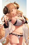  1girl ahoge anila_(granblue_fantasy) bikini blonde_hair breasts cleavage collarbone commentary_request draph eyebrows_visible_through_hair feb_itk frills from_side granblue_fantasy highres holding holding_hair horns large_breasts layered_bikini long_hair looking_at_viewer navel shawl sheep_horns short_eyebrows sideboob sky smile solo star_(sky) starry_sky swimsuit thigh_strap thighs very_long_hair wavy_hair wet yellow_eyes 