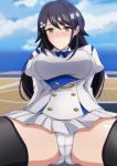  1girl absurdres aircraft_carrier animal_ears arm_support arms_behind_back azur_lane bangs black_hair black_legwear blue_neckwear blue_sky blush breasts brown_eyes buttons choukai_(azur_lane) cloud collared_shirt commentary_request day dog_ears double-breasted extra_ears eyebrows_visible_through_hair floppy_ears hair_between_eyes hair_ornament highres large_breasts long_hair long_sleeves looking_at_viewer makiri_akira military military_vehicle neck_ribbon nose_blush outdoors panties pleated_skirt puffy_long_sleeves puffy_sleeves ribbon ship shirt sidelocks sitting skirt sky smile solo spread_legs swept_bangs taut_clothes taut_shirt thighhighs underwear warship watercraft white_panties white_shirt white_skirt 