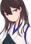  1girl bangs boushi-ya brown_eyes brown_hair eyebrows_visible_through_hair hair_between_eyes hair_down highres japanese_clothes kaga_(kantai_collection) kantai_collection long_hair long_sleeves muneate parted_lips remodel_(kantai_collection) simple_background solo tasuki upper_body white_background 