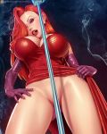  1girl commentary dress dress_lift earrings green_eyes hair_over_one_eye jessica_rabbit jewelry long_hair looking_at_viewer looking_down nikita_varb no_panties red_hair smoke solo thighs who_framed_roger_rabbit 