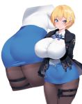  1girl arms_behind_back ass black_jacket blonde_hair blue_eyes blue_skirt blush breasts buttons eyebrows_visible_through_hair girls_frontline hair_ornament holster huge_breasts jacket kuavera mole mole_under_eye pantyhose parted_lips pouch shirt short_hair simple_background skirt snowflake_hair_ornament solo thigh_holster vsk-94_(girls_frontline) white_background 