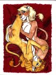  absurd_res anthro bed bed_sheet bedding bedroom_eyes blonde_hair breasts butt butt_grab duo felid feline female female/female fur furniture hair hand_on_butt hi_res lion mammal narrowed_eyes pantherine seductive silk terrie_smith traditional_media_(artwork) 