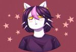  anthro black_hair blush blush_stickers bust_portrait catti_(deltarune) chromatic_aberration clothed clothing deltarune domestic_cat ear_piercing ear_ring felid feline felis female fur hair highlights_(coloring) huwon inner_ear_fluff looking_aside mammal open_mouth piercing pink_highlights portrait pupils shirt short_hair simple_background slit_pupils solo star topwear tuft video_games whiskers white_body white_fur yellow_sclera 