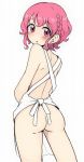  1boy apron ass blush commentary eyebrows_visible_through_hair from_behind leona_west looking_at_viewer looking_back male_focus motsuaki naked_apron open_mouth otoko_no_ko parted_lips pink_eyes pink_hair pretty_(series) pripara short_hair simple_background solo white_background 