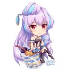  1girl absurdres center_opening chibi highres long_hair looking_at_viewer macross macross_delta mikumo_guynemer nyungsep parfait purple_hair red_eyes sitting smile solo very_long_hair 