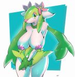  anthro big_breasts breasts cervid elemental_creature fak&eacute;mon fan_character faunazon female flower fur green_body green_eyes green_fur hi_res humanoid mammal negullust nintendo nipples pink_nose pinup pivoted_ears plant pok&eacute;mon pose simple_background solo video_games white_body white_fur 