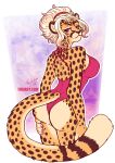  anthro big_breasts breasts butt cheetah claws clothing felid feline female looking_at_viewer mammal one-piece_swimsuit piercing pink_claws pinup pose solo swimwear text toxi_de_vyne_(artist) url 