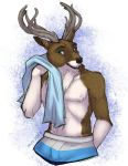 2014 anthro antlers better_version_at_source blue_eyes brown_body brown_fur cervid clothing fur horn ifus male mammal neck_tuft pattern_clothing simple_background slim solo striped_clothing stripes swimwear towel tuft wet wet_body wet_fur 