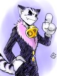  3:4 3_fingers anthro clothed clothing croket! cute_fangs domestic_cat felid feline felis fingers fur hi_res male mammal purple_eyes simple_background solo stripes white_body white_fur worcester_(croket!) 