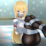  1girl absurdres azur_lane bdsm black_legwear blonde_hair blue_eyes bondage bound cross cross_necklace eyebrows_visible_through_hair gag gagged hairband highres improvised_gag jewelry long_hair looking_at_viewer necklace nkgw north_carolina_(azur_lane) pantyhose restrained solo tape tape_bondage tape_gag tears tied_up white_hairband white_uniform 