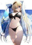  1girl absurdres armpits arms_behind_head arms_up bangs bikini black_bikini black_hairband blue_eyes blue_jacket blue_sky blush breasts cleavage fate/grand_order fate_(series) hairband highres hood hooded_jacket innertube jacket jeanne_d&#039;arc_(fate)_(all) jeanne_d&#039;arc_(swimsuit_archer) large_breasts long_hair long_sleeves looking_at_viewer navel netarou open_clothes open_jacket sky smile swimsuit thighs wet 