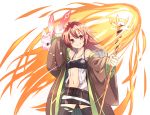 1girl bangs bare_shoulders belt bra_over_clothes breasts brown_robe collarbone creature duel_monster eyebrows_visible_through_hair fire hair_between_eyes highres hiita holding holding_staff jacket light_blush long_hair long_sleeves mikan_(13alice666) navel open_clothes open_jacket open_robe open_shirt red_eyes red_hair robe simple_background skirt small_breasts smile staff teeth thighhighs torn_clothes torn_legwear unbuttoned unbuttoned_shirt white_background wide_sleeves yuu-gi-ou 