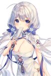  1girl ahoge azur_lane blue_eyes blue_flower blue_ribbon blush breasts china_dress chinese_clothes cleavage commentary commentary_request covering_mouth dress eyebrows_visible_through_hair fan flower hair_between_eyes hair_flower hair_ornament highres holding holding_fan illustrious_(azur_lane) illustrious_(maiden_lily&#039;s_radiance)_(azur_lane) large_breasts long_hair ribbon shiro_albino simple_background white_background white_hair 