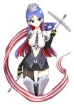  1girl american_flag asymmetrical_legwear bangs black_legwear black_neckwear black_shorts blue_eyes blue_hair boushi-ya breasts eyebrows_visible_through_hair flag headgear highres kantai_collection large_breasts long_hair long_sleeves multicolored_hair navel necktie red_hair shorts simple_background single_leg_pantyhose single_thighhigh smile solo south_dakota_(kantai_collection) star_(symbol) thighhighs vest white_background white_hair 