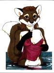  absurd_res anthro bathing breasts canid canine clothed clothing female fluffy fluffy_tail fox fur hair hi_res jewelry looking_at_viewer mammal necklace nipples solo teasing terrie_smith traditional_media_(artwork) undressing water wet wet_body wet_clothing wet_fur wet_hair 