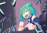 1girl :o absurdres anchobi banging bangs chair clenched_hand crying cup detached_sleeves green_hair hair_bun hair_ornament highres hololive indoors monitor shouting sitting skull_hair_ornament solo tears uruha_rushia virtual_youtuber 