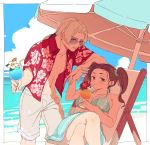  1boy 1girl bare_shoulders breasts brown_eyes brown_hair cloud dragon_quest dragon_quest_viii earrings jessica_albert jewelry kukuru_(dq8) large_breasts looking_at_viewer miyama_(kannsannn) smile swimsuit twintails umbrella 