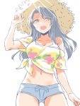  1girl :d black_hair breasts brown_eyes cowboy_shot from_below hat large_breasts long_hair midriff mizuki_riko navel open_mouth sharla_(xenoblade) shirt short_shorts shorts simple_background sketch smile solo sun_hat tied_shirt white_background xenoblade_chronicles xenoblade_chronicles_(series) 