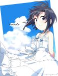  1girl arms_behind_back bare_shoulders black_hair blue_sky blush character_name closed_mouth cloud day dress highres idolmaster idolmaster_(classic) jewelry kikuchi_makoto looking_at_viewer necklace outdoors purple_eyes short_hair sky sleeveless smile solo tahara_emu upper_body white_dress 