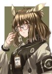  1girl antenna_hair arknights armband ayyh bangs brown_eyes brown_hair commentary_request glasses hand_up highres long_sleeves looking_at_viewer pointy_hair rhine_lab_logo round_eyewear silence_(arknights) solo upper_body 