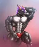  abs anthro better_version_at_source biceps big_muscles big_penis bulge clothed clothing dragon genitals hair hi_res horn ilotoxy male multicolored_body muscular muscular_anthro muscular_legs muscular_male muscular_thighs penis purple_hair red_horn rizzyofen simple_background smile smirk solo topless touching_penis triceps underwear vein veiny_muscles 