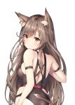  1girl animal_ears arknights bangs bare_shoulders breasts brown_eyes cat_ears cat_tail closed_mouth eyebrows_visible_through_hair hair_between_eyes highres long_hair looking_at_viewer looking_back medium_breasts skyfire_(arknights) smile sobmarine swimsuit tail 